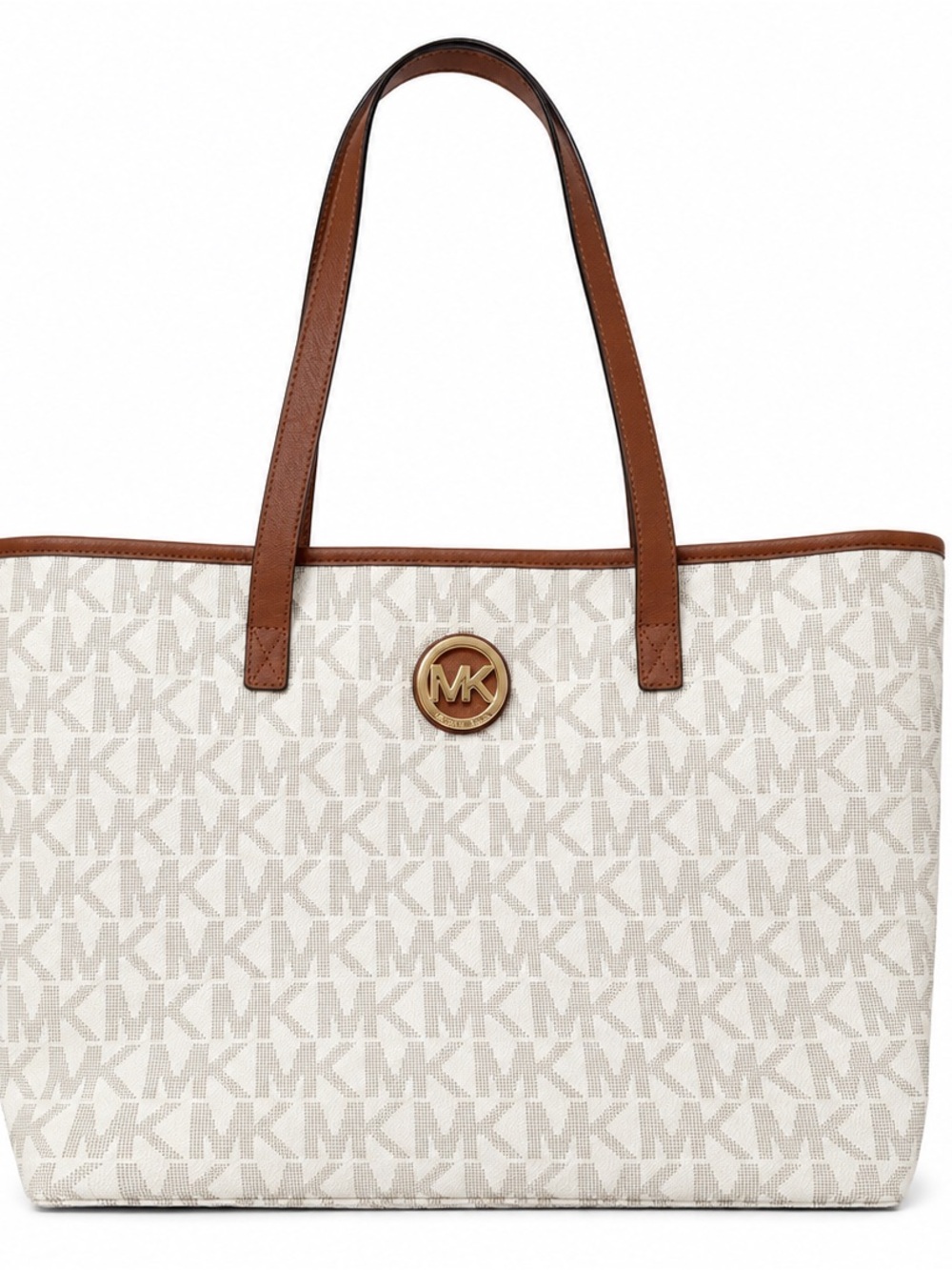 Michael Kors Jet Set Tote Bag Vanilla MK Signature PVC Brown Leather Trim